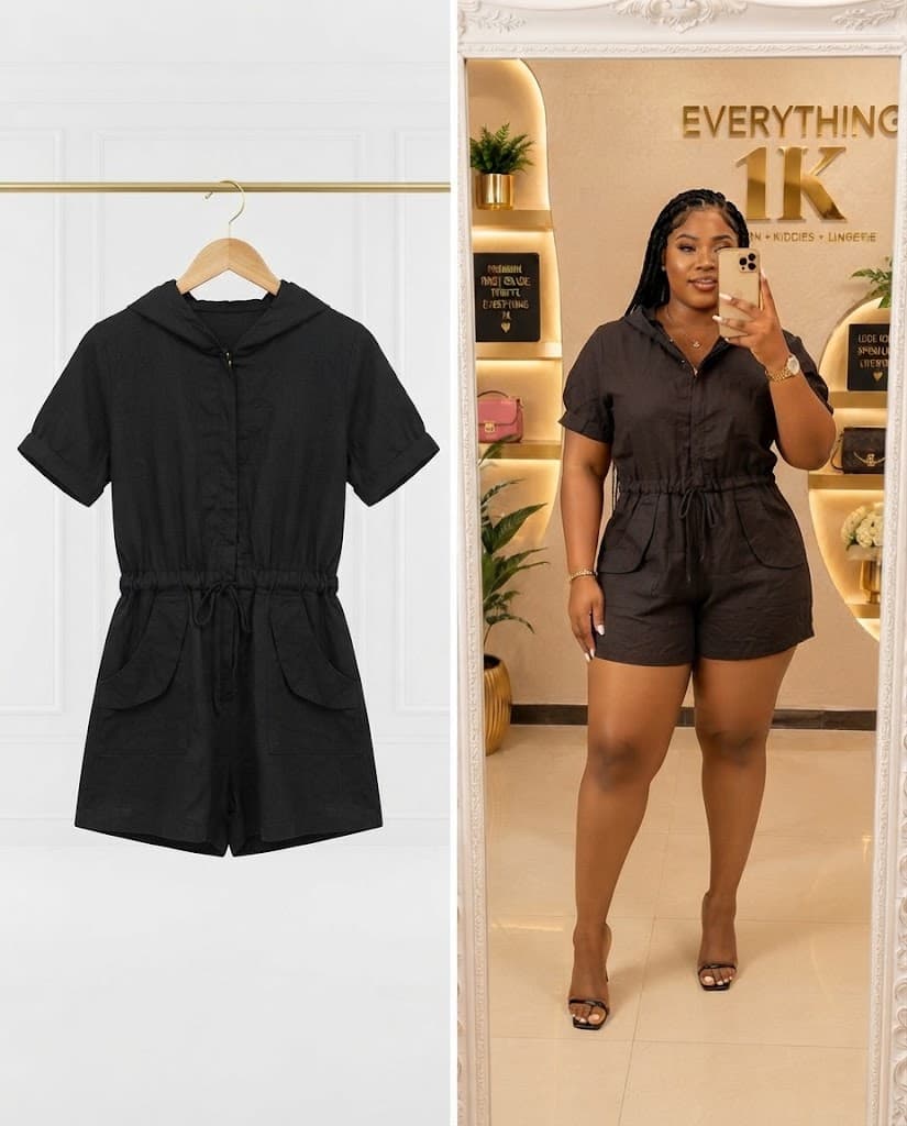 Black Utility Drawstring Shorts Jumpsuit