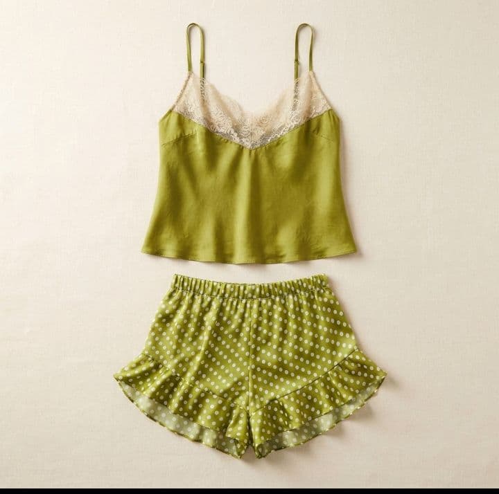 Lime Green Lace-Trim Cami & Polka Dot Ruffle Shorts Set