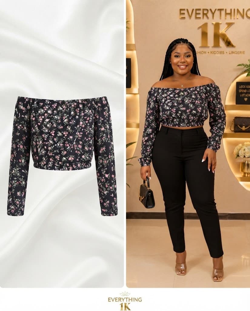Casual Black and Pink Floral Off-the-Shoulder Crop Top