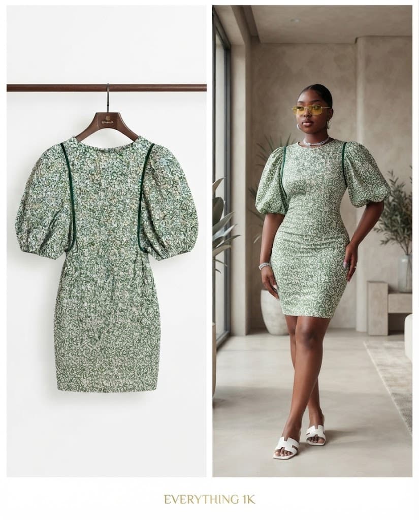 Sage Floral Puff-Sleeve Dress