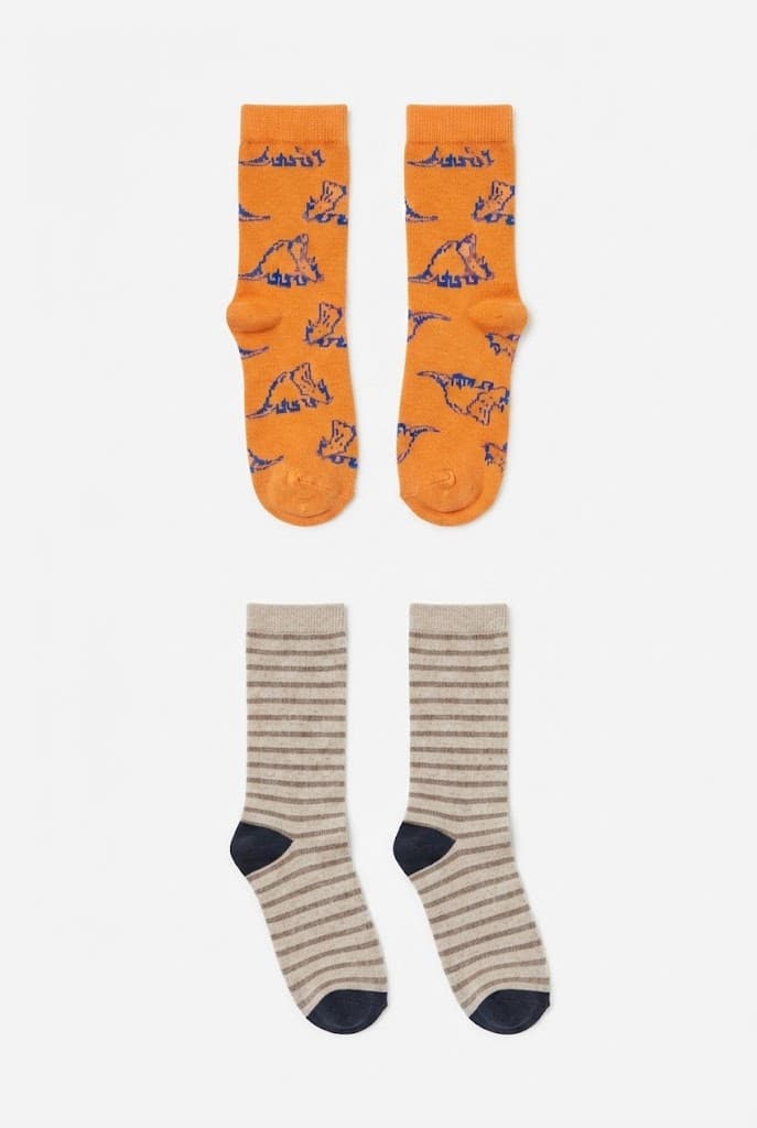 Kids Orange Dinosaur Print and Beige Striped Crew Socks (2-Pack)