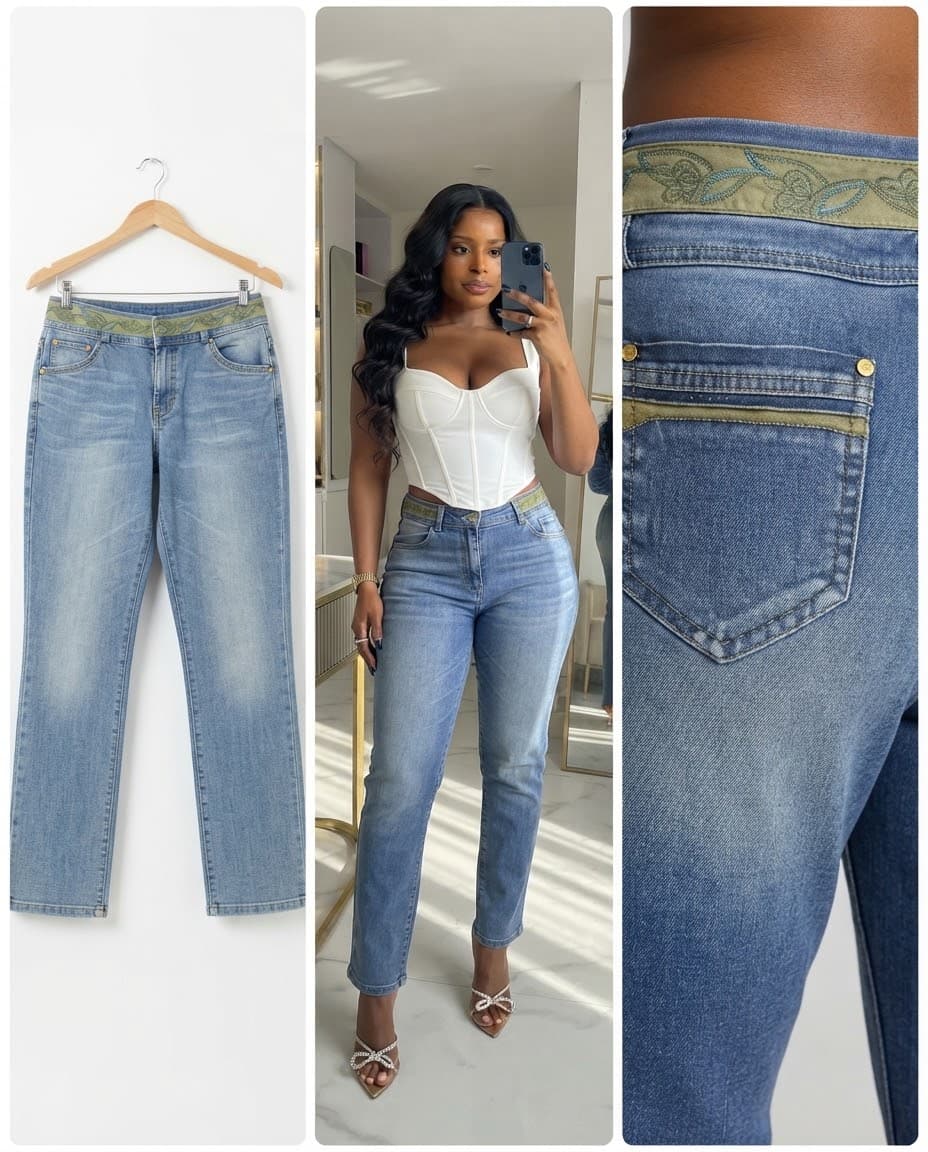 Olive Green Embroidered Band Jeans