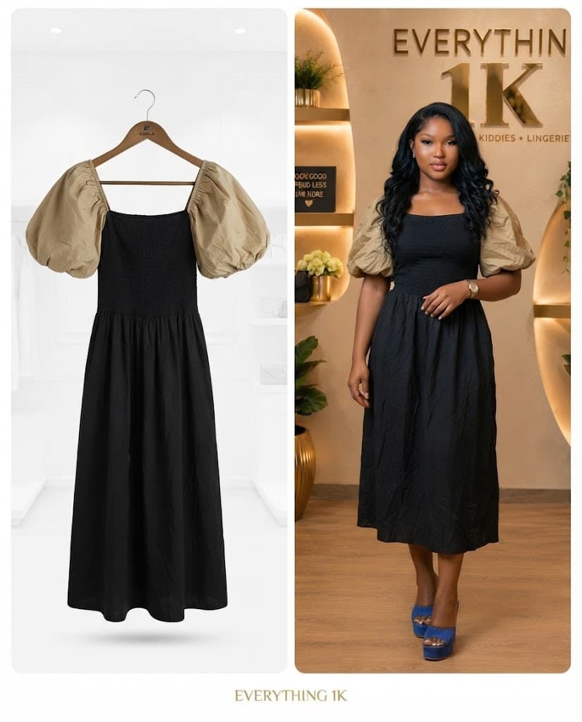 Black Midi Dress with Beige Puff Sleeves