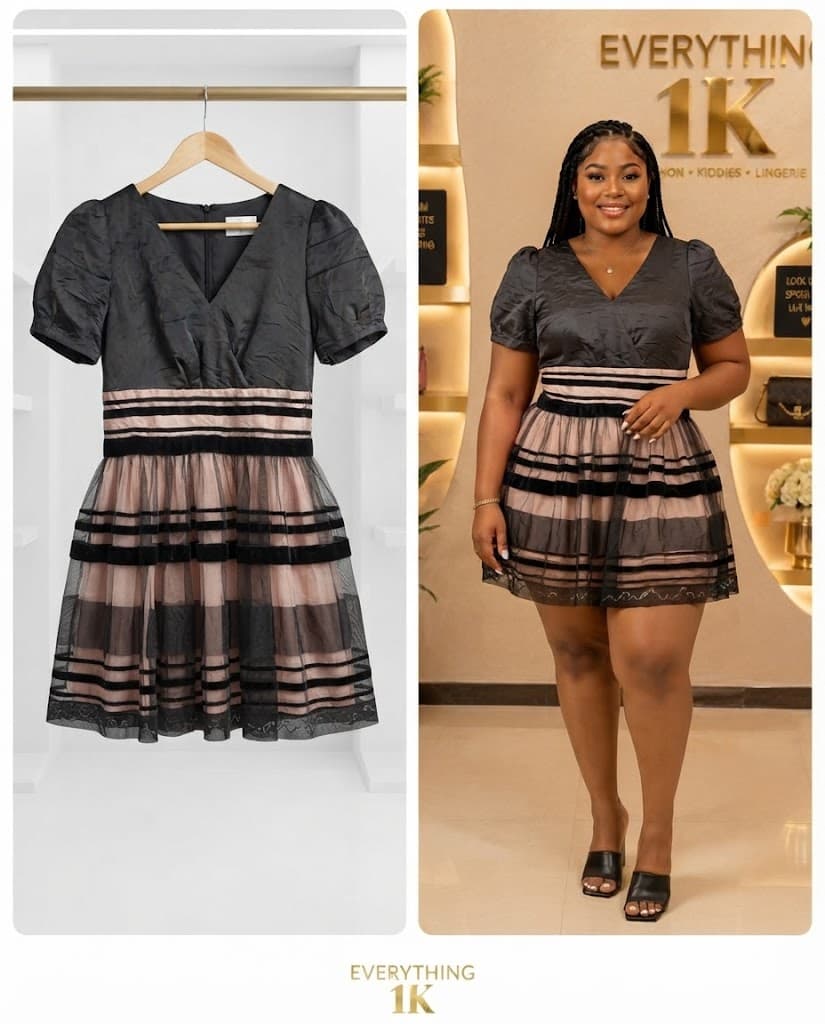 Black & Dusty Pink Tiered Mesh Dress
