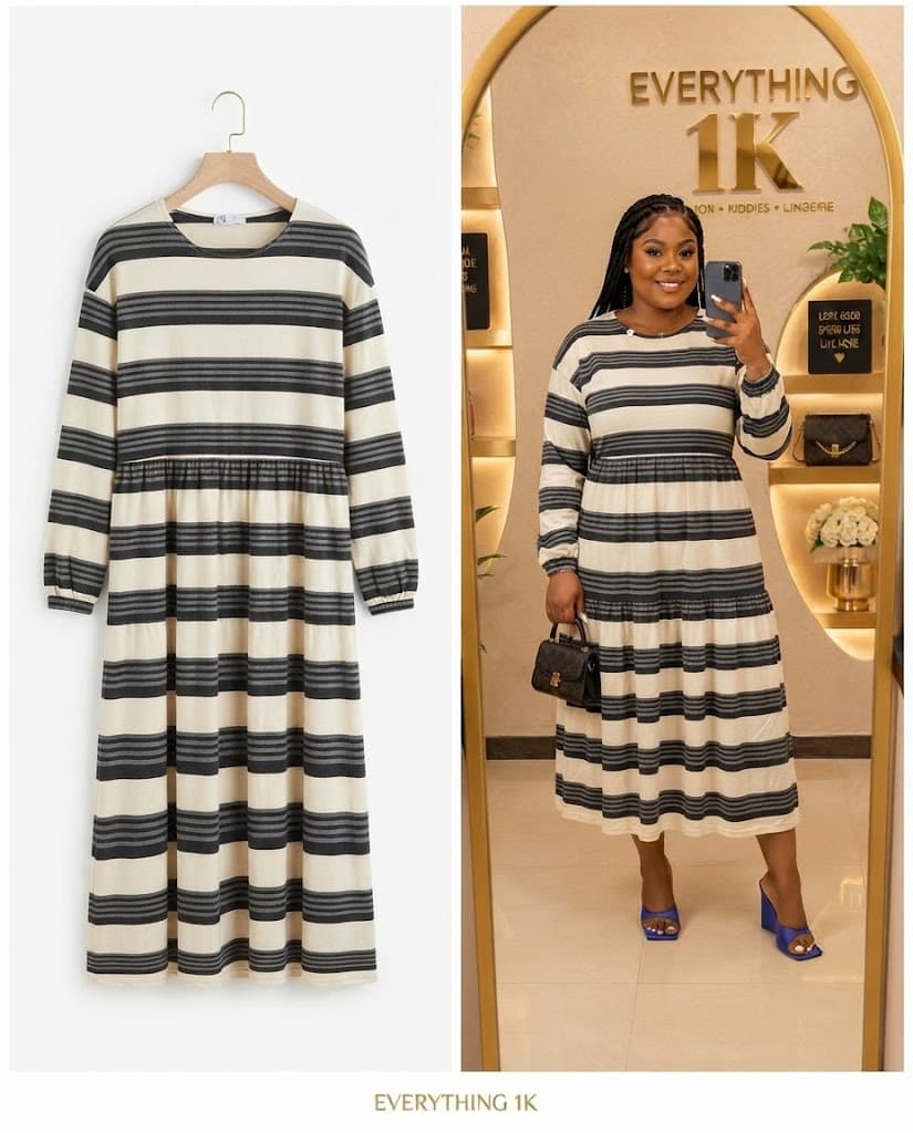 Beige and Charcoal Striped Long-Sleeve Midi Dress