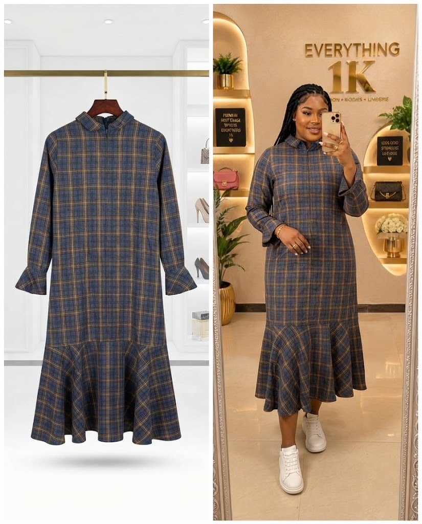 Blue and Yellow Plaid Long-Sleeve Midi Dress with Ruffle Hem