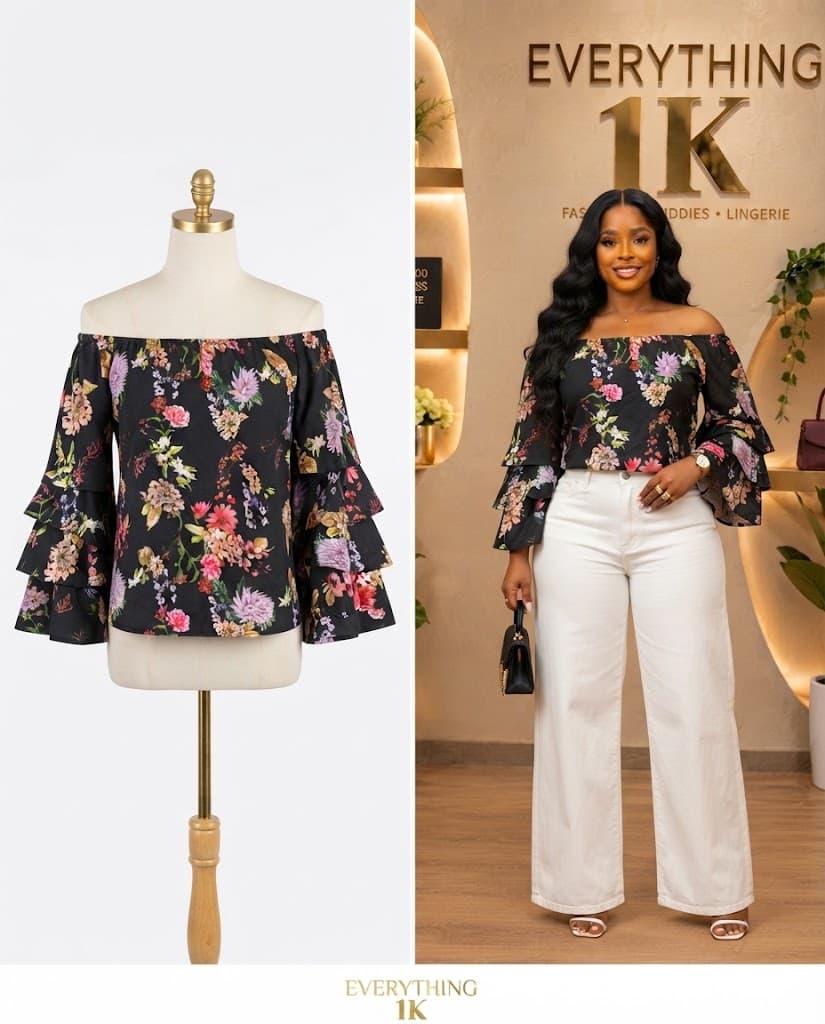 Black Floral Off-Shoulder Party Ruffle Blouse