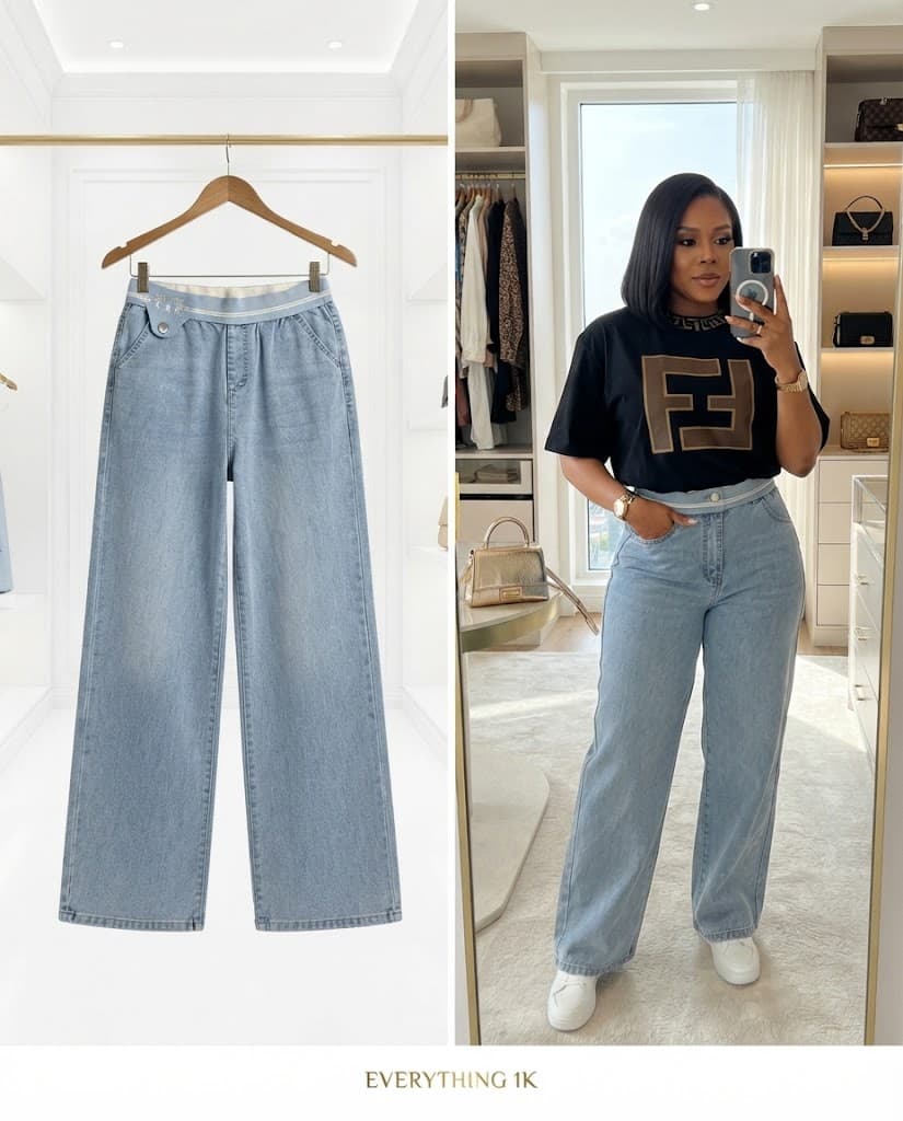 Light Blue Elastic-Waist Wide-Leg Jeans Waist 28/30