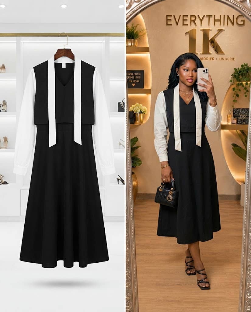 Black Vest Over White Long-Sleeve Shirt Midi Dress