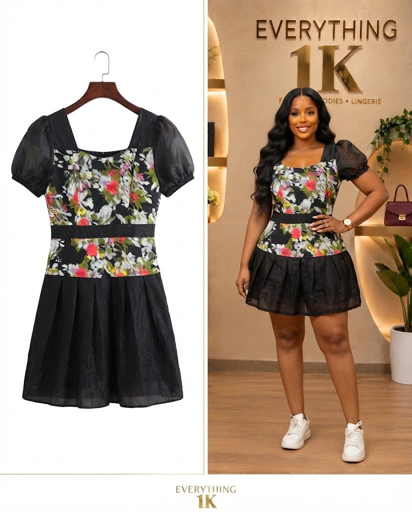 Black and White Floral Square Neck Mini Dress