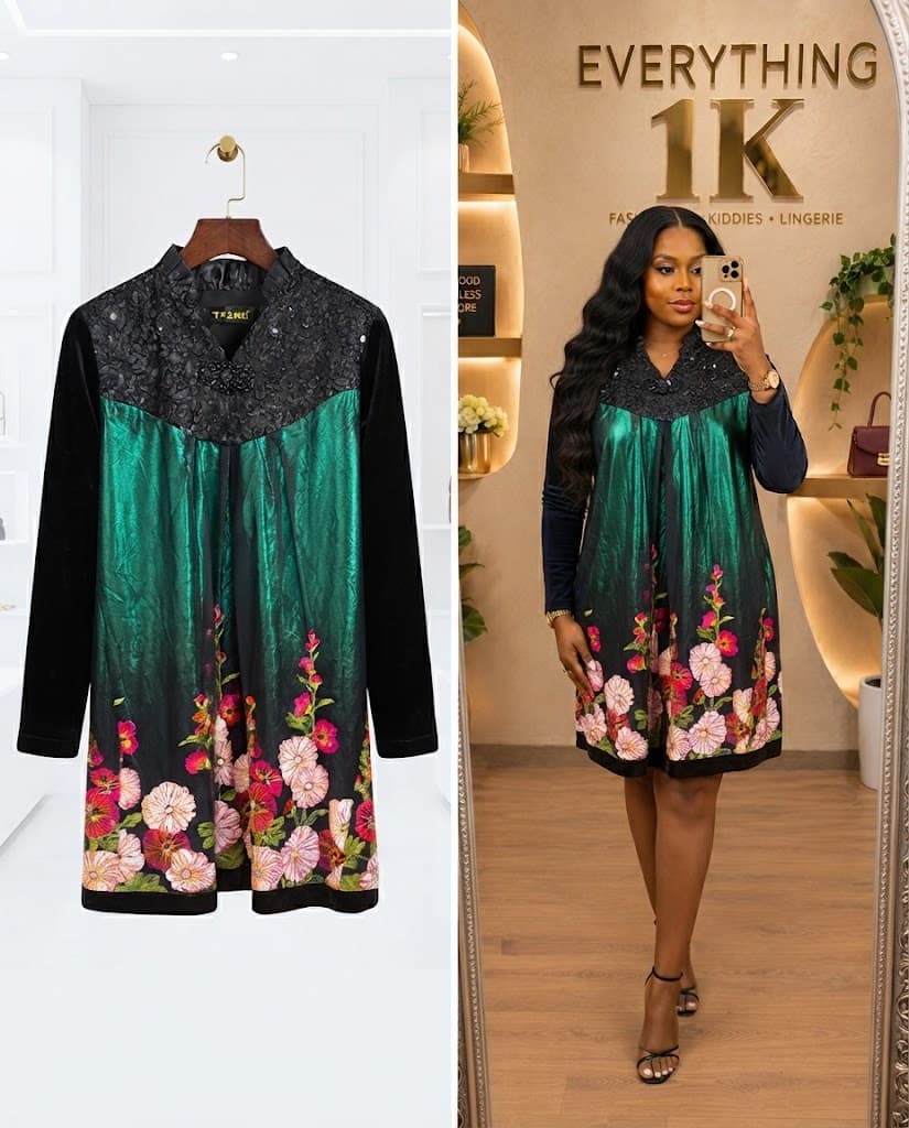 Emerald Green Floral and Velvet Mini Dress
