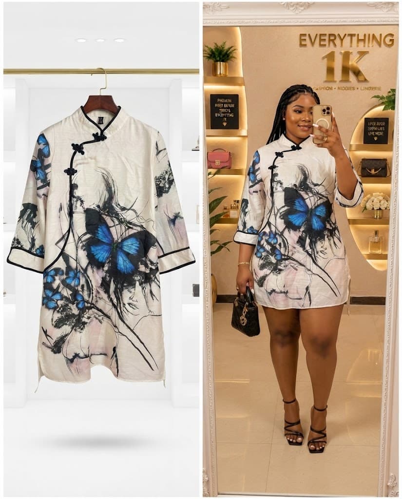 Cream Floral Cheongsam-Style party Midi Dress