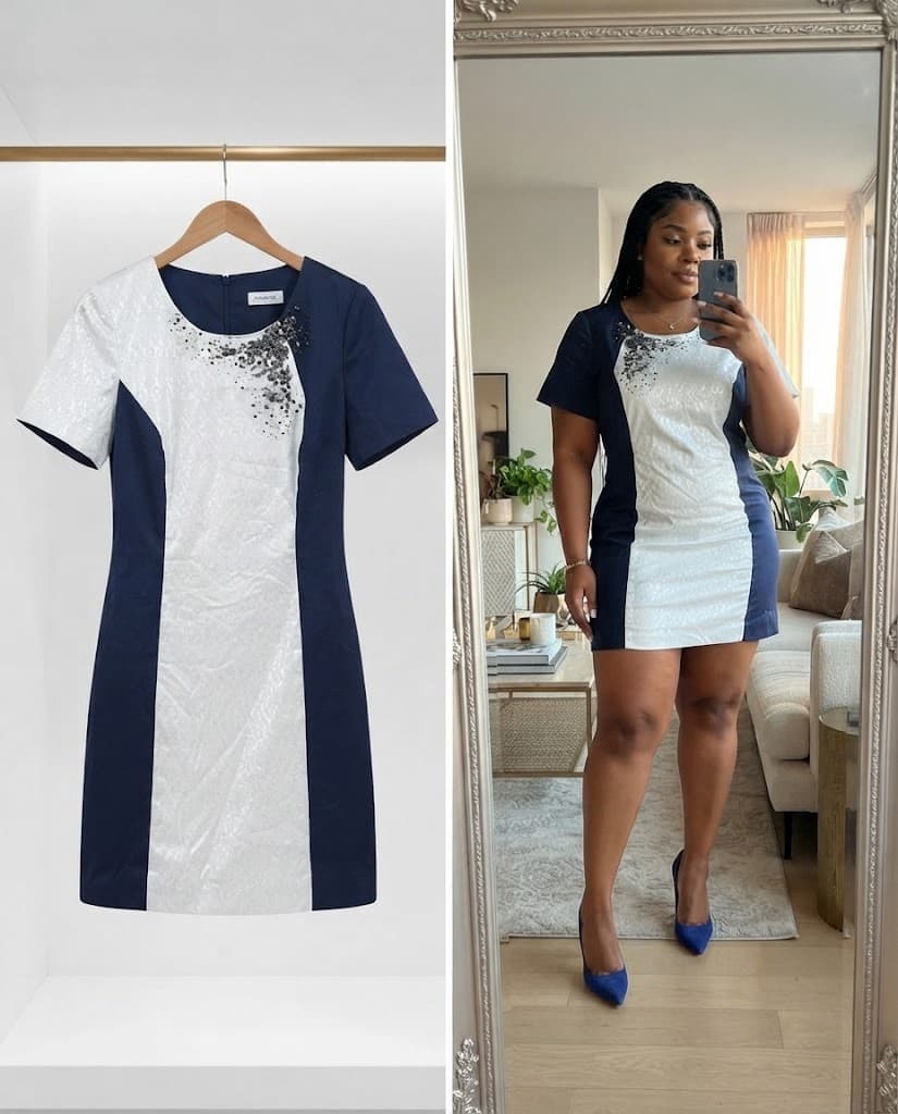 Navy Blue and White Textured Beaded Mini Dress