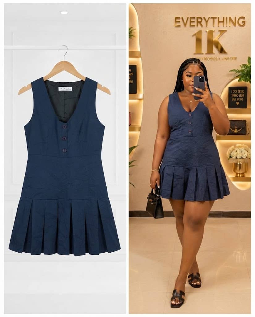 Navy Blue V-Neck Button-Front Pleated Skater Dress