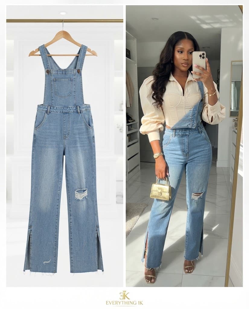 Light-Wash Split-Hem Denim Overalls waist 28/30