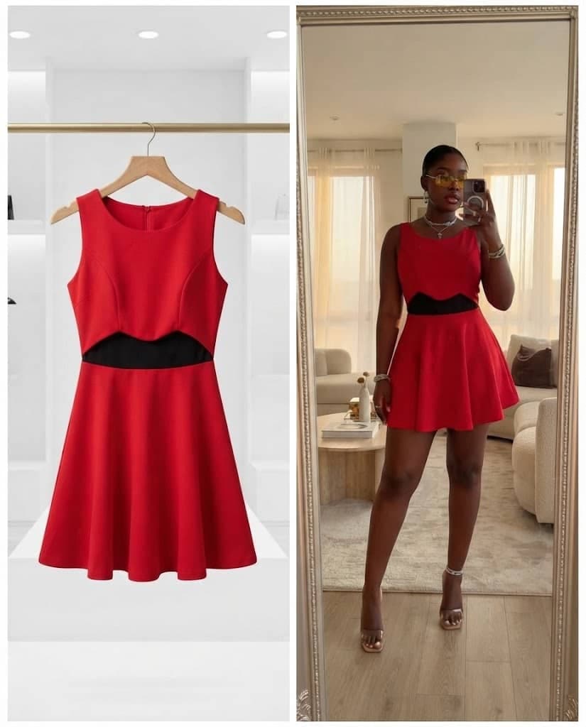 Red Sleeveless Skater Dress With Black Waist Cutout