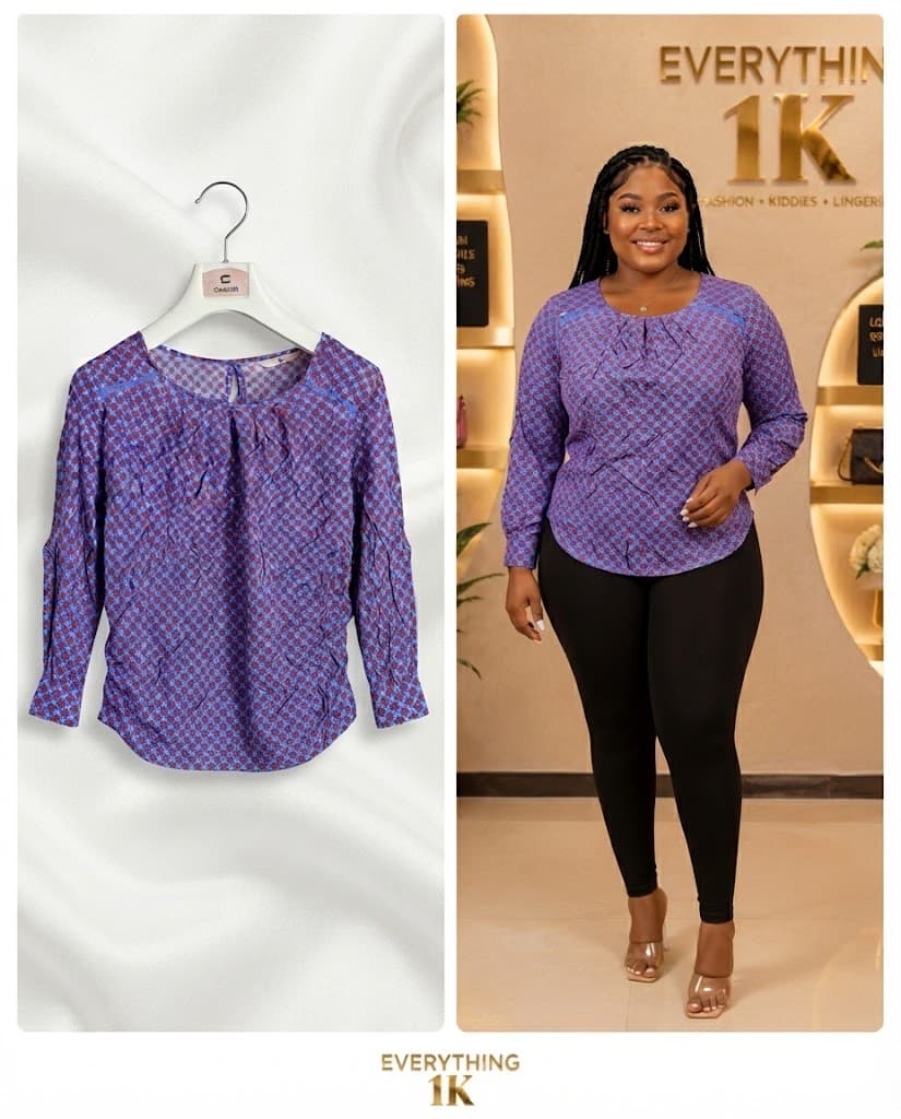 Casual Purple and Blue Patterned Pleated Blouse