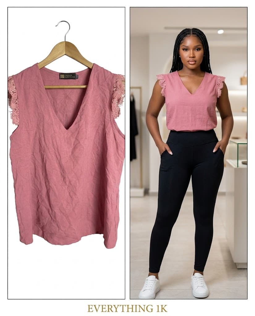 Casual Dusty Pink Short-Sleeve Lace-Trim Blouse