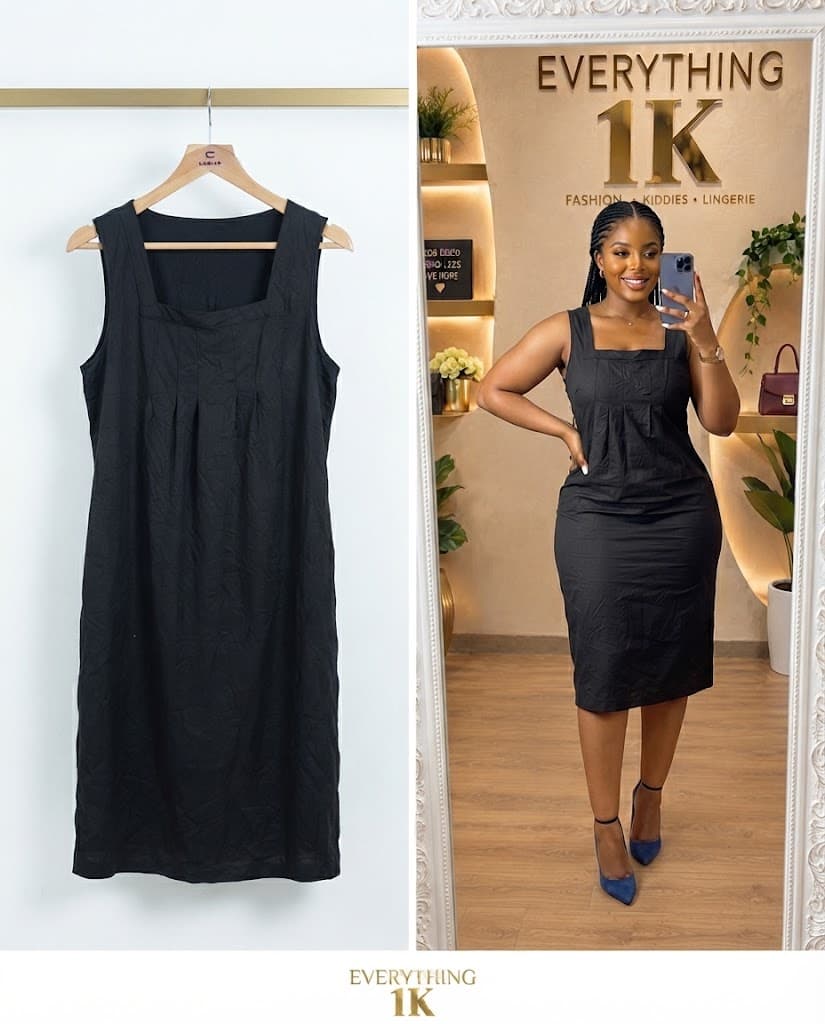 Classic Black Square Neck Midi Dress
