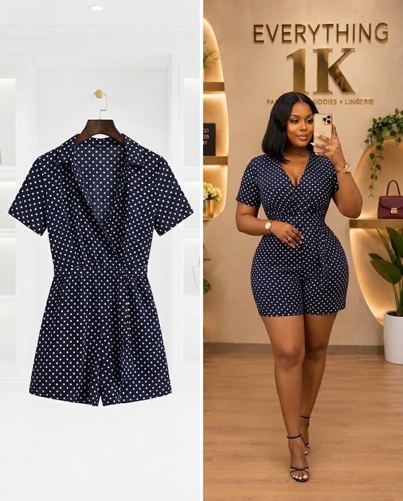Navy Blue Polka Dot Wrap-Style Short Romper