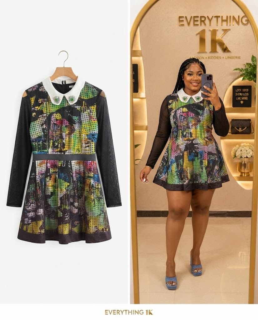 Abstract Print Colorblock Mini Dress with Peter Pan Collar