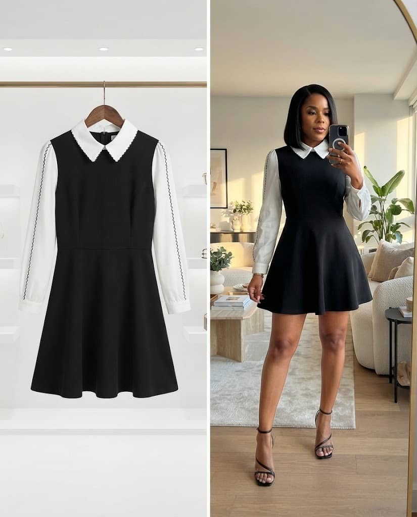 Black Long-Sleeve Mini Dress With White Collar