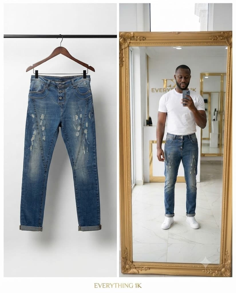Button-Front Distressed Slim Jeans