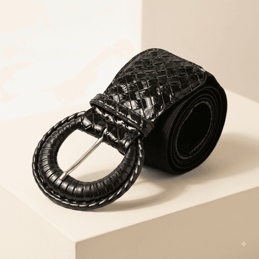 Vintage-Style Black Leather Belt with Unique Open Silver Buckle