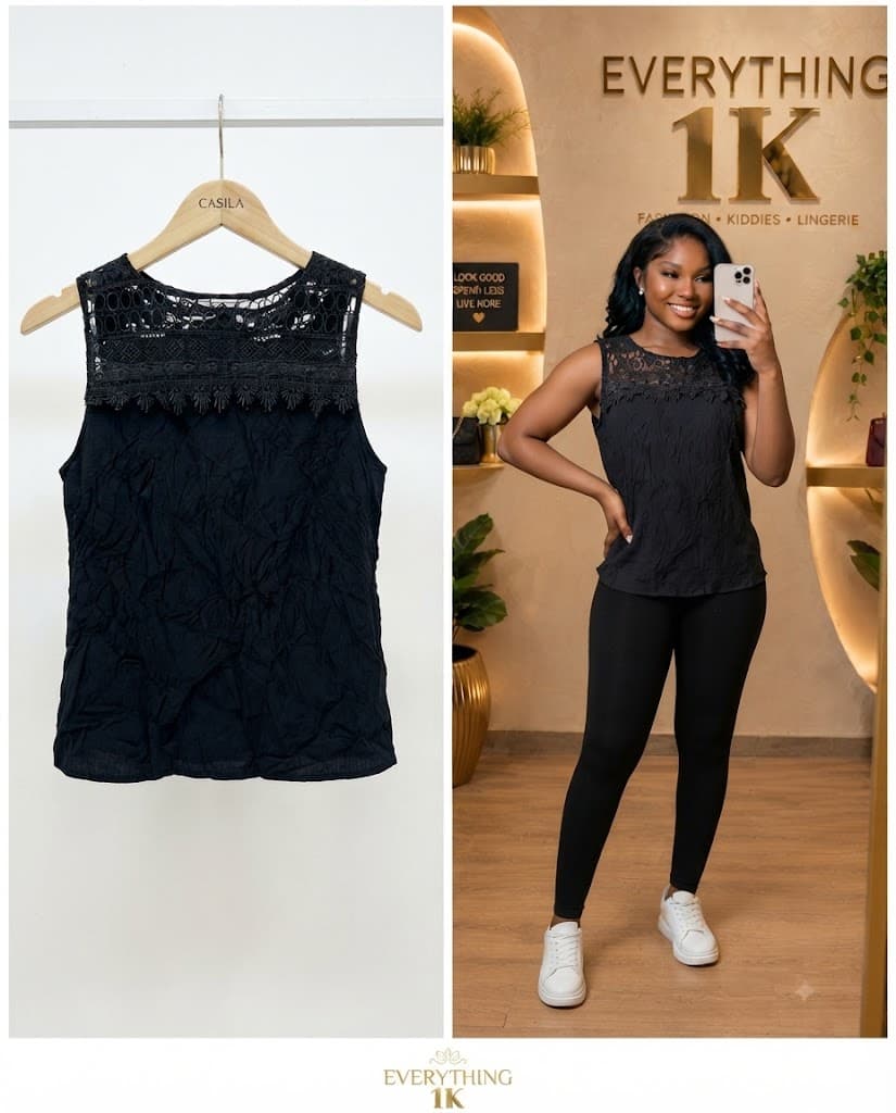 Party Black Lace-Trimmed Sleeveless Textured Top