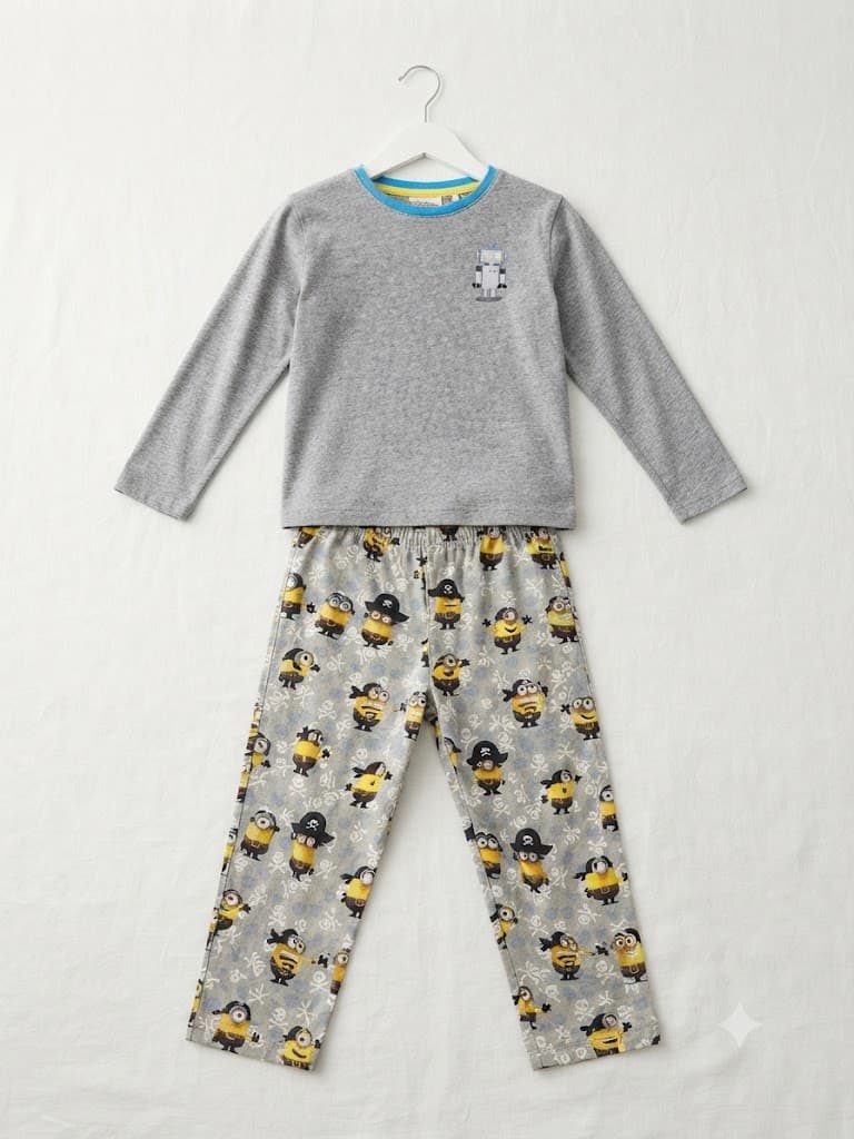 Boys Minions Print Kids' Two piece Pajama Set: Grey Cotton Character Sleepwear Set 8-10 years