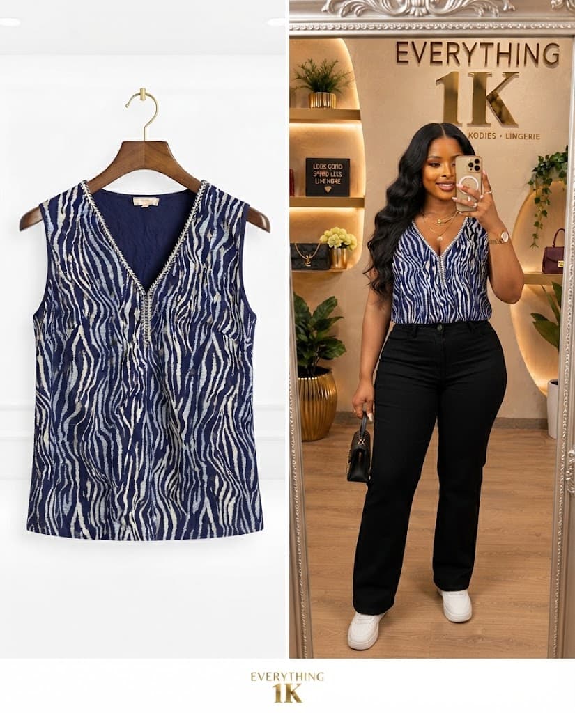 Casual Navy Blue and White Zebra-Print Sleeveless V-Neck Top