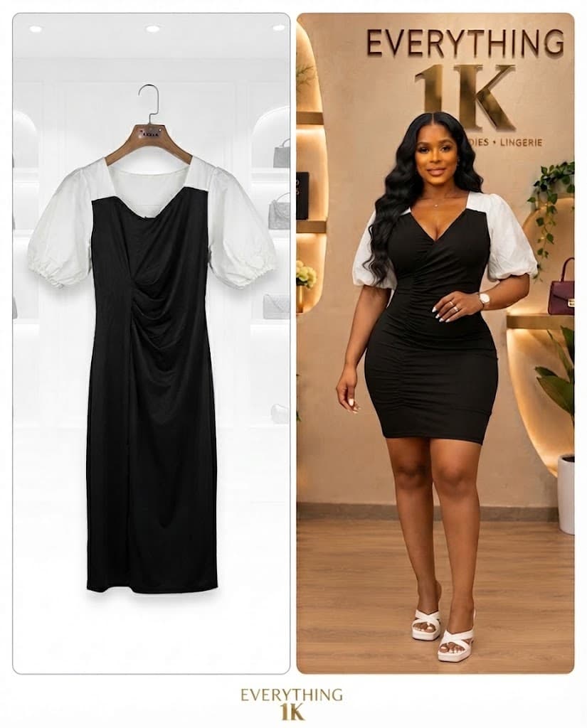 Black & White Contrast Puff-Sleeve Dress