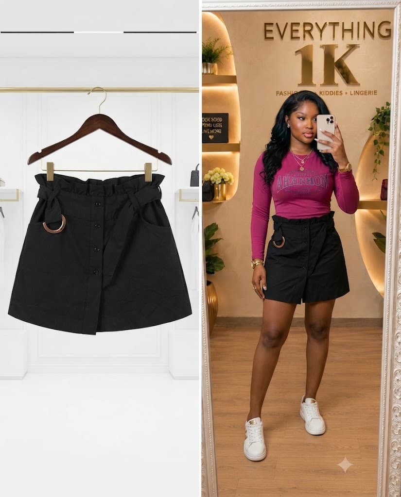 Black Ruffle-Waist Button-Front Skort