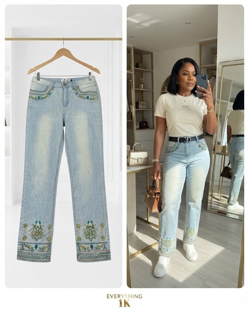 Embroidered Hem Straight-Leg Jeans