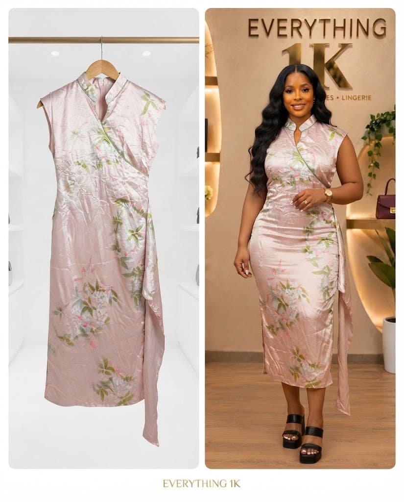 Blush Pink Chinese-Style Floral Midi Dress