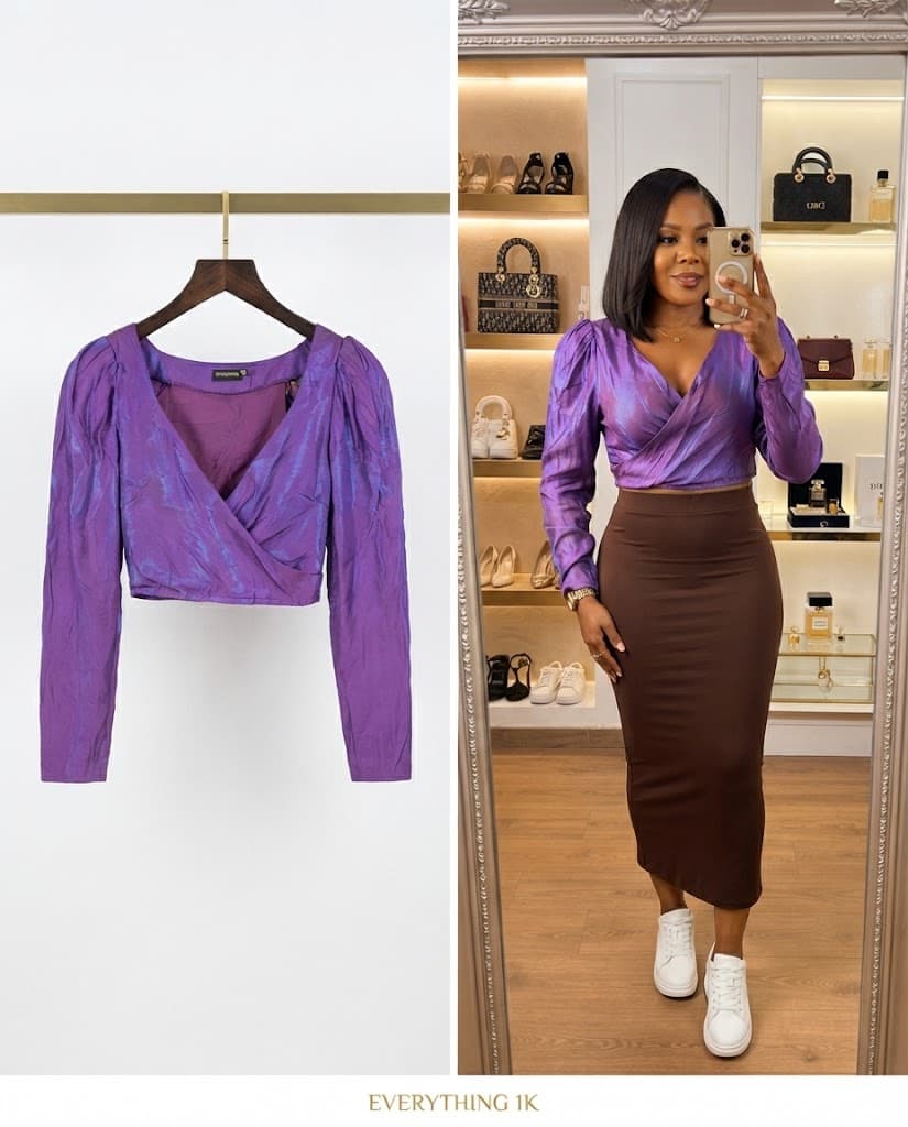 Party Shimmering Purple Puff-Sleeve Wrap Top