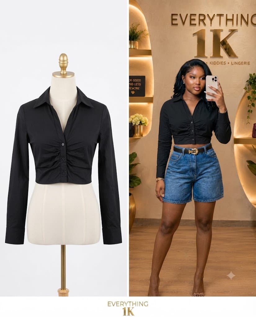 Black Collared Ruched Crop Top