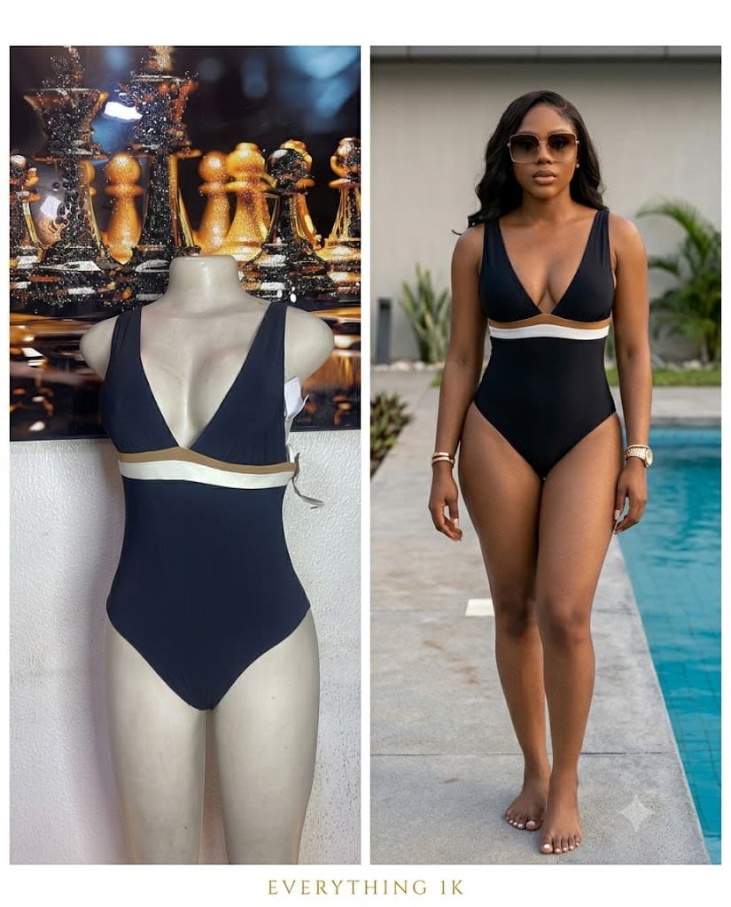 Black and Gold Trim V-Neck One-Piece Swimsuit