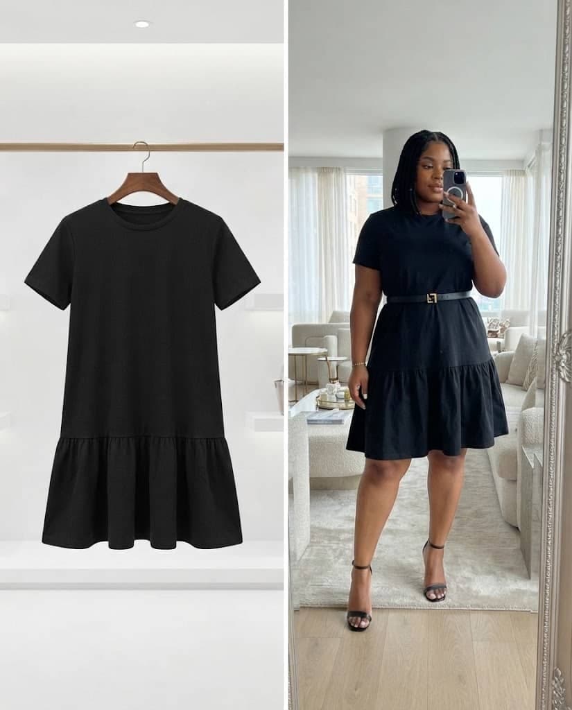Black Short-Sleeve Drop-Waist Mini Dress