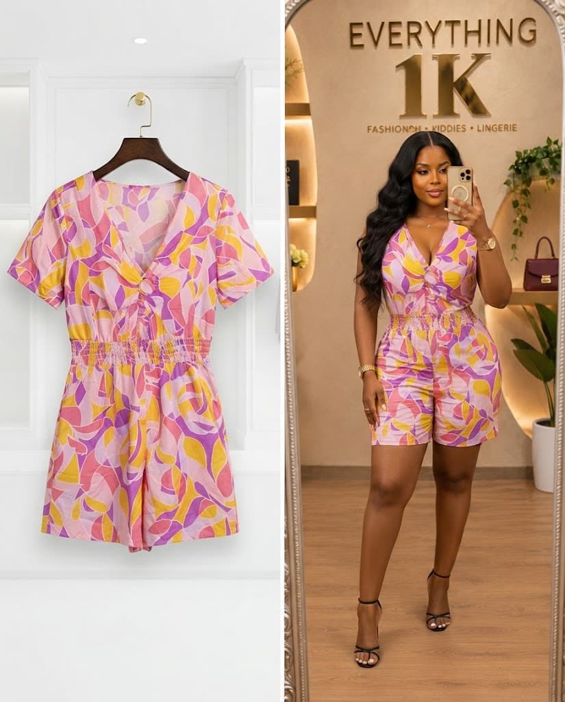 Pink and Yellow Abstract Smocked-Waist Romper