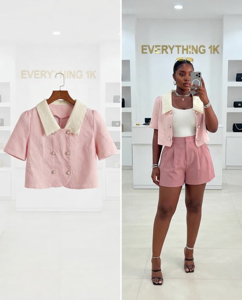 Double-Breasted Cropped Jacket with Contrast Collar