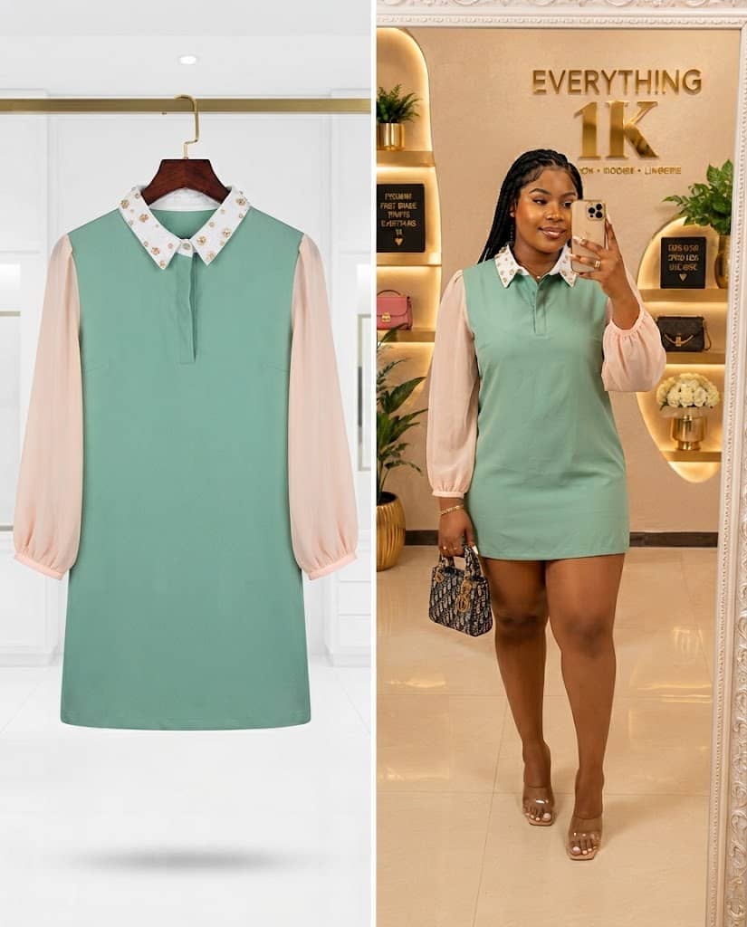 Sage Green Long-Sleeve Dress with Bejeweled Collar