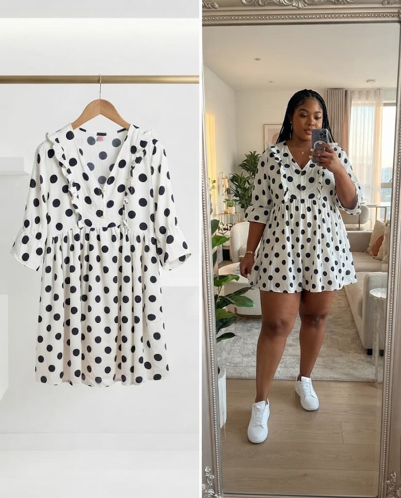 White and Black Polka Dot Ruffle Mini Dress