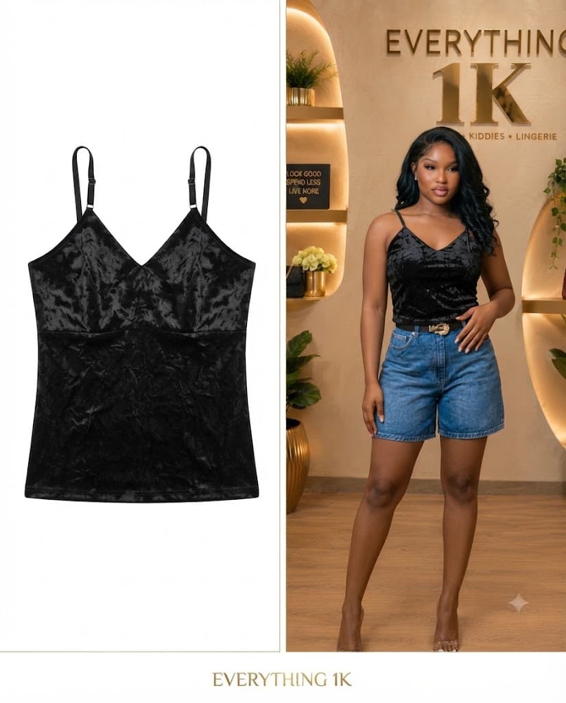 Black Crushed Velvet V-Neck Camisole Top