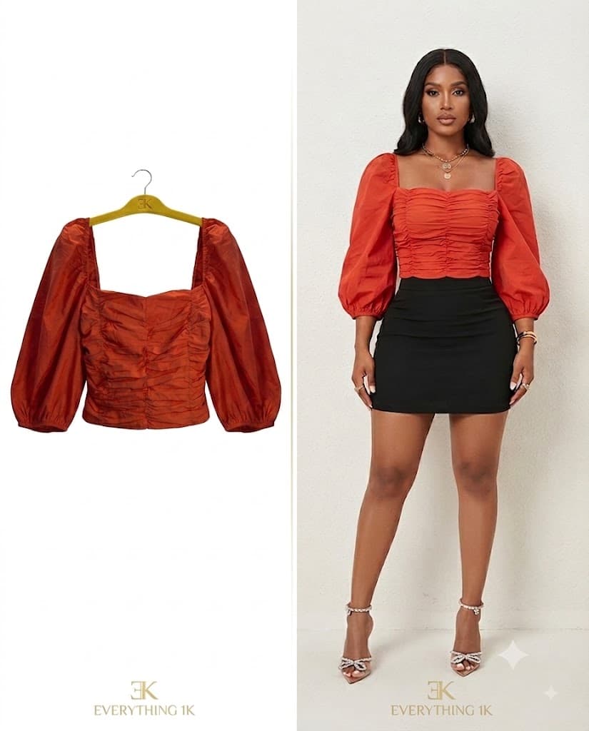 Ruched Square-Neck Puff Sleeve Crop Top