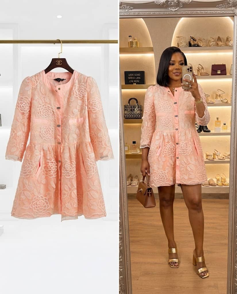 Peach Floral Embroidered Button-Front Utility Dress