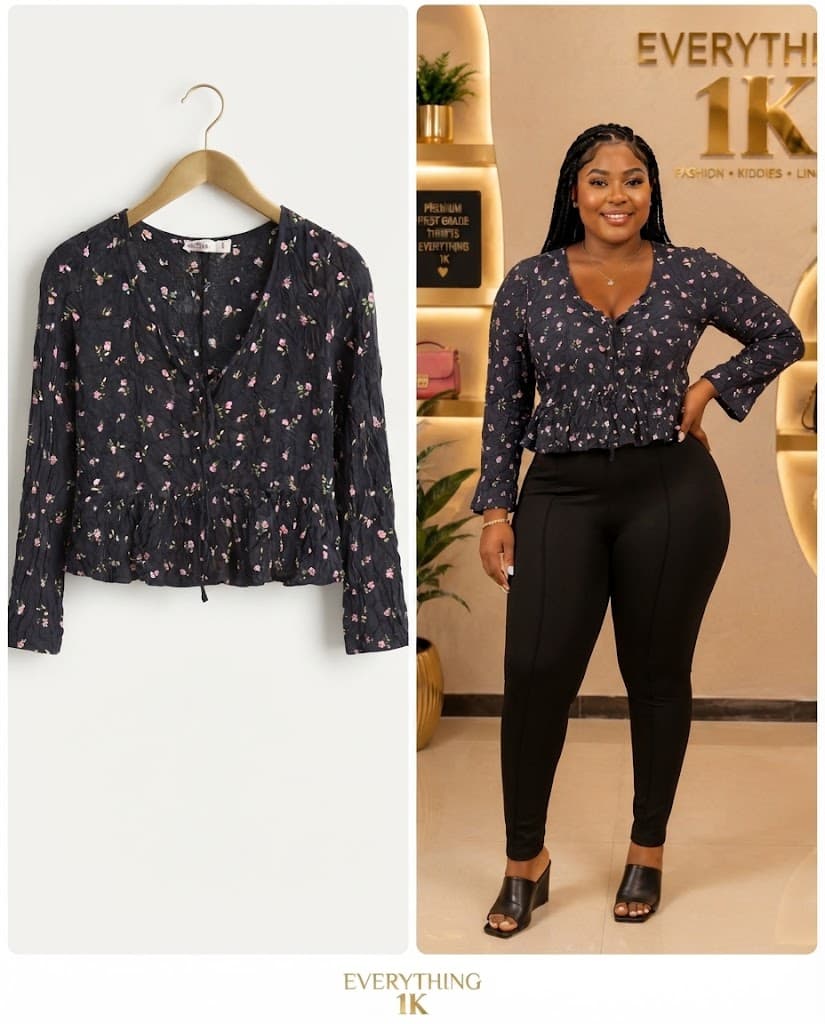 Casual Dark Floral Crinkled crop Peplum Blouse
