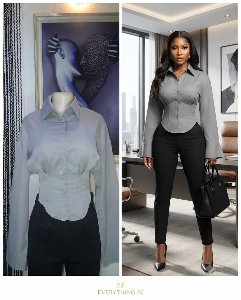 Ladies Chic Grey Fitted Long-Sleeve Shirt