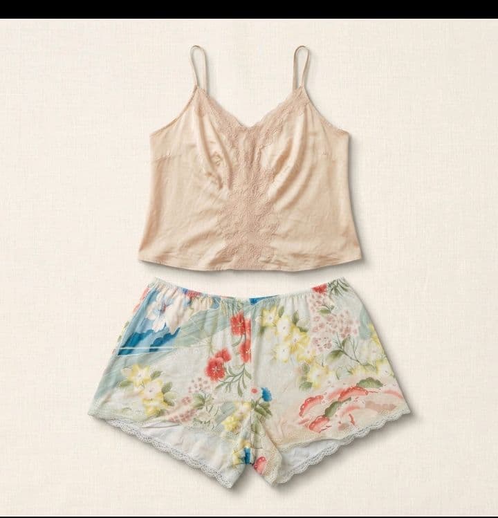 Champagne Lace-Trim Cami and Floral Print Lounge Shorts Set