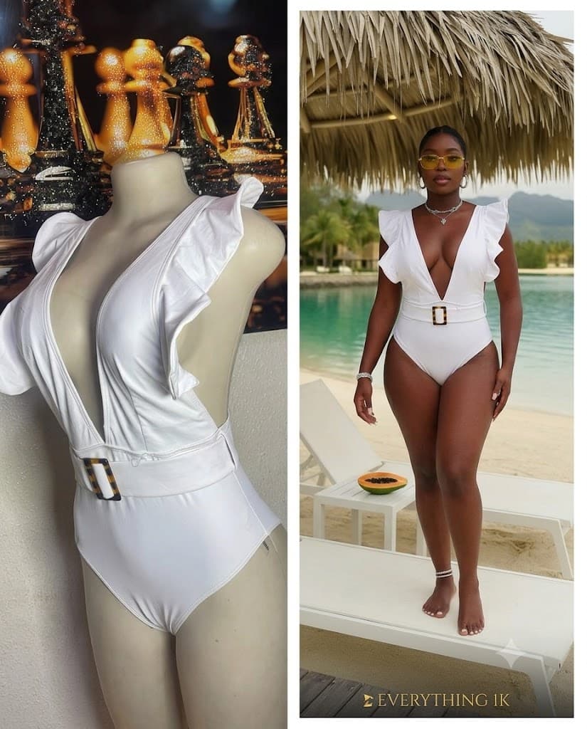 White Ruffle V-Neck Belted One-Piece Swimsuit